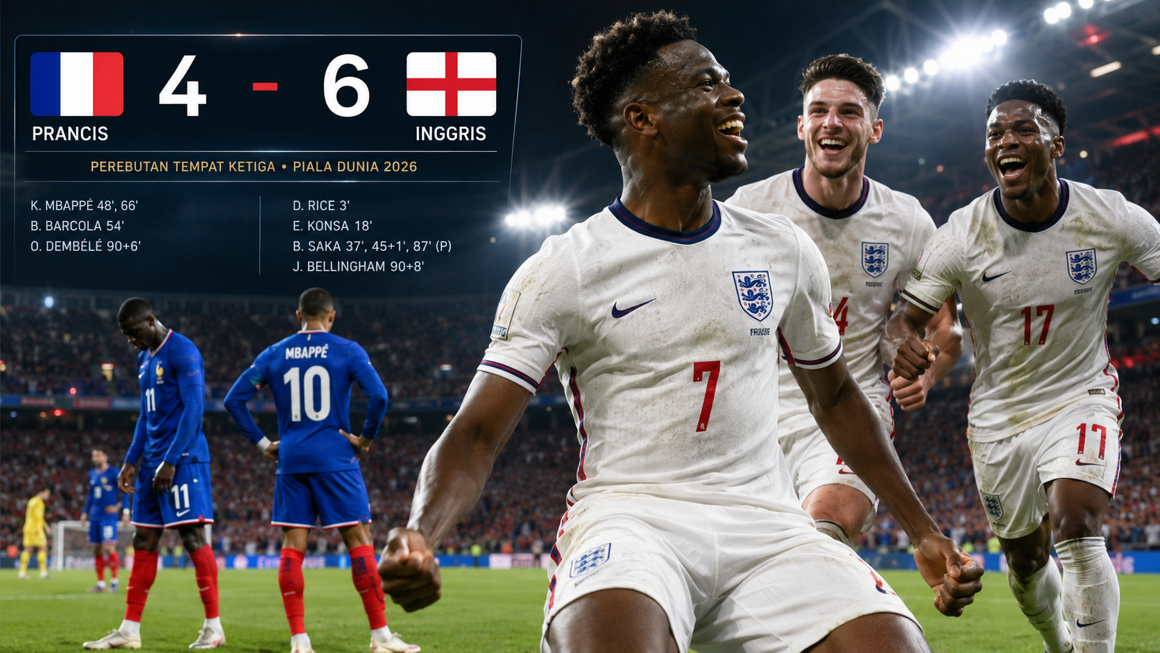Inggris Taklukkan Prancis 6-4 dalam Drama 10 Gol, Saka Antar Three Lions Raih Juara Ketiga