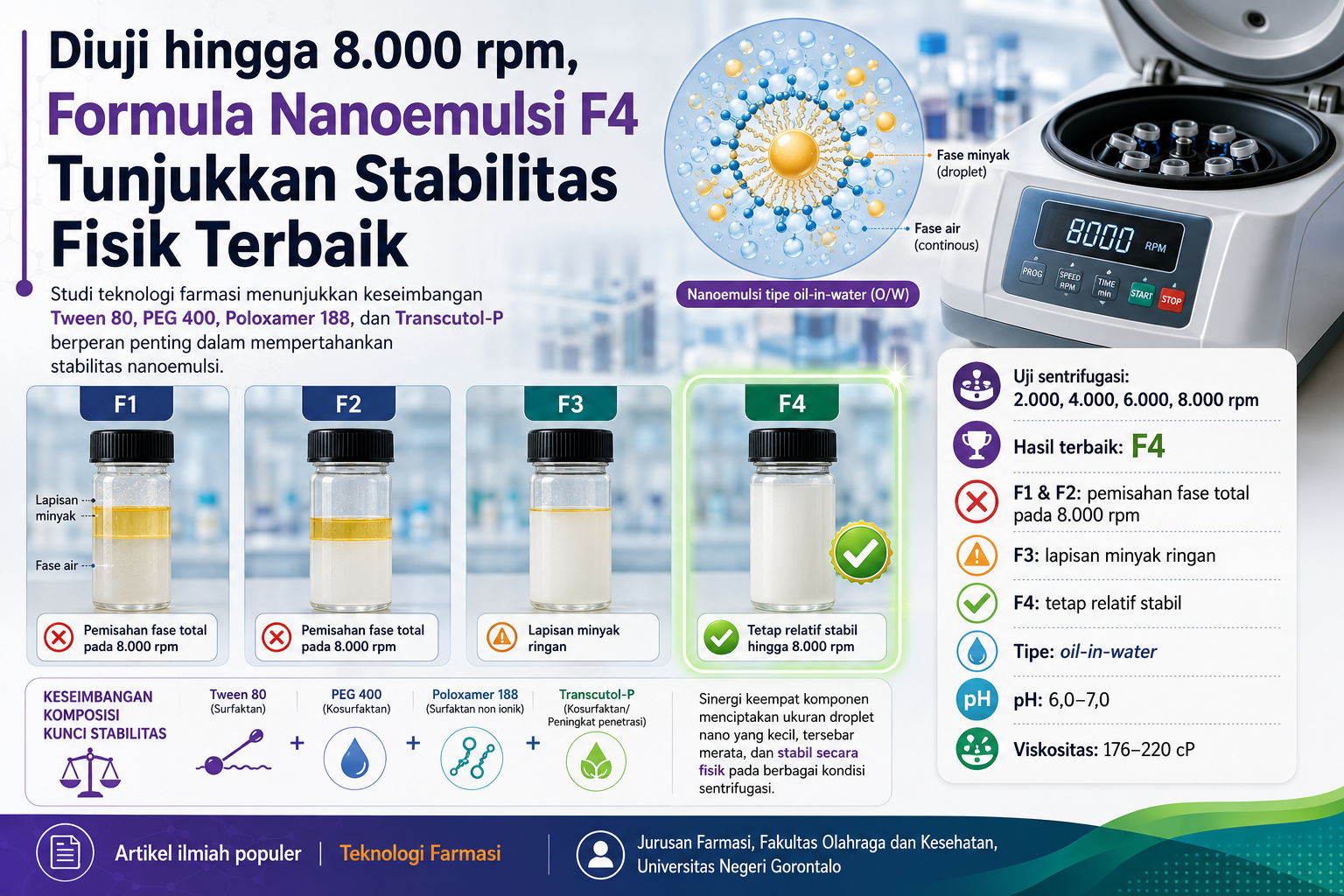 Diuji hingga 8.000 rpm, Formula Nanoemulsi F4 Tunjukkan Stabilitas Fisik Terbaik